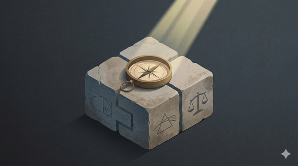 Isometric illustration of a brass compass on stone blocks representing math, physics, and ethics to symbolize absolute truth.